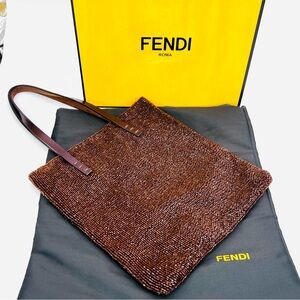 New! AUTH FENDI VINTAGE RARE BROWN BEADED MINI BAG GLAM EVENING TOTE SPARKLE✨
